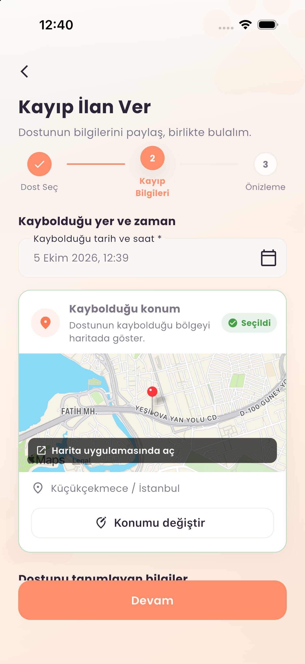 Kayıp ilanında konum seçme ekranı