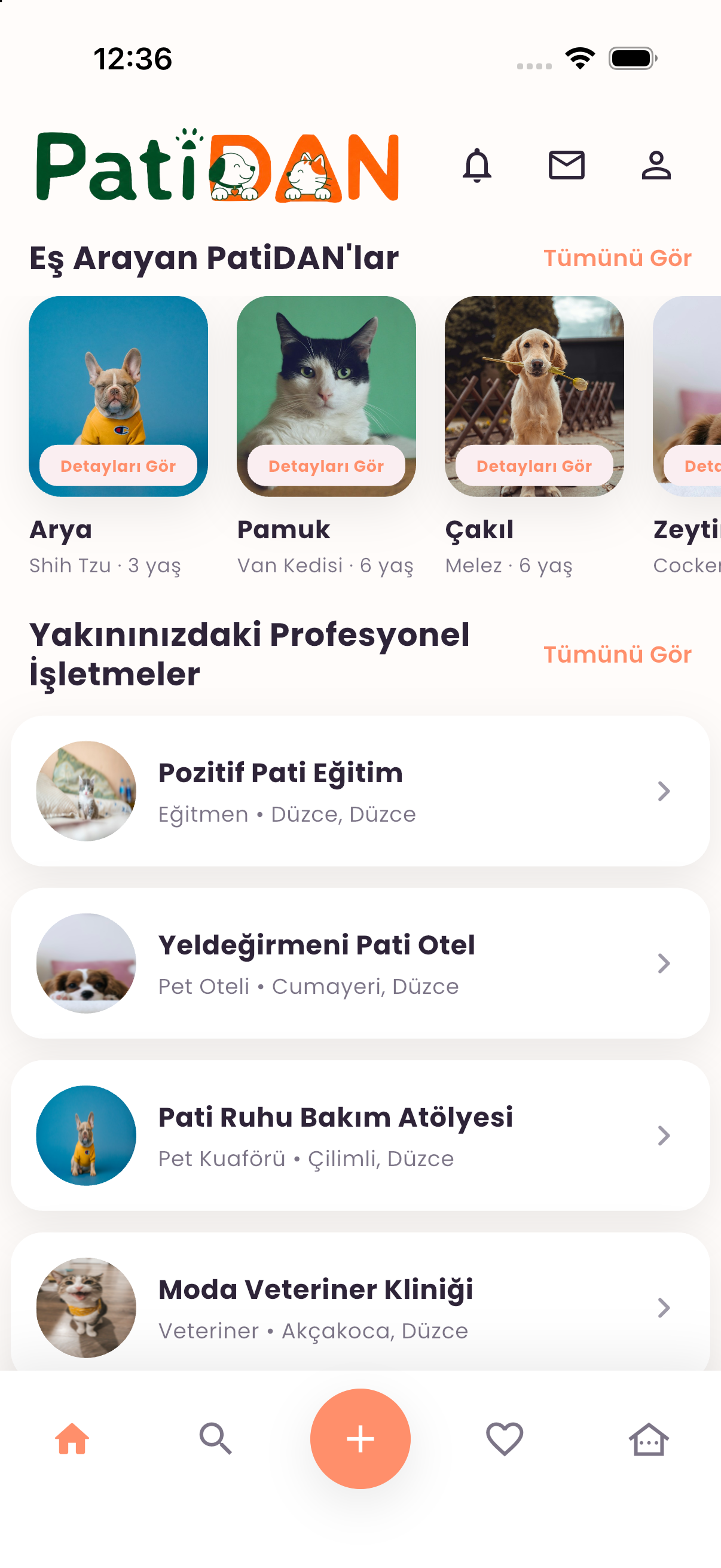 Yakındaki profesyonel işletmeler ekranı