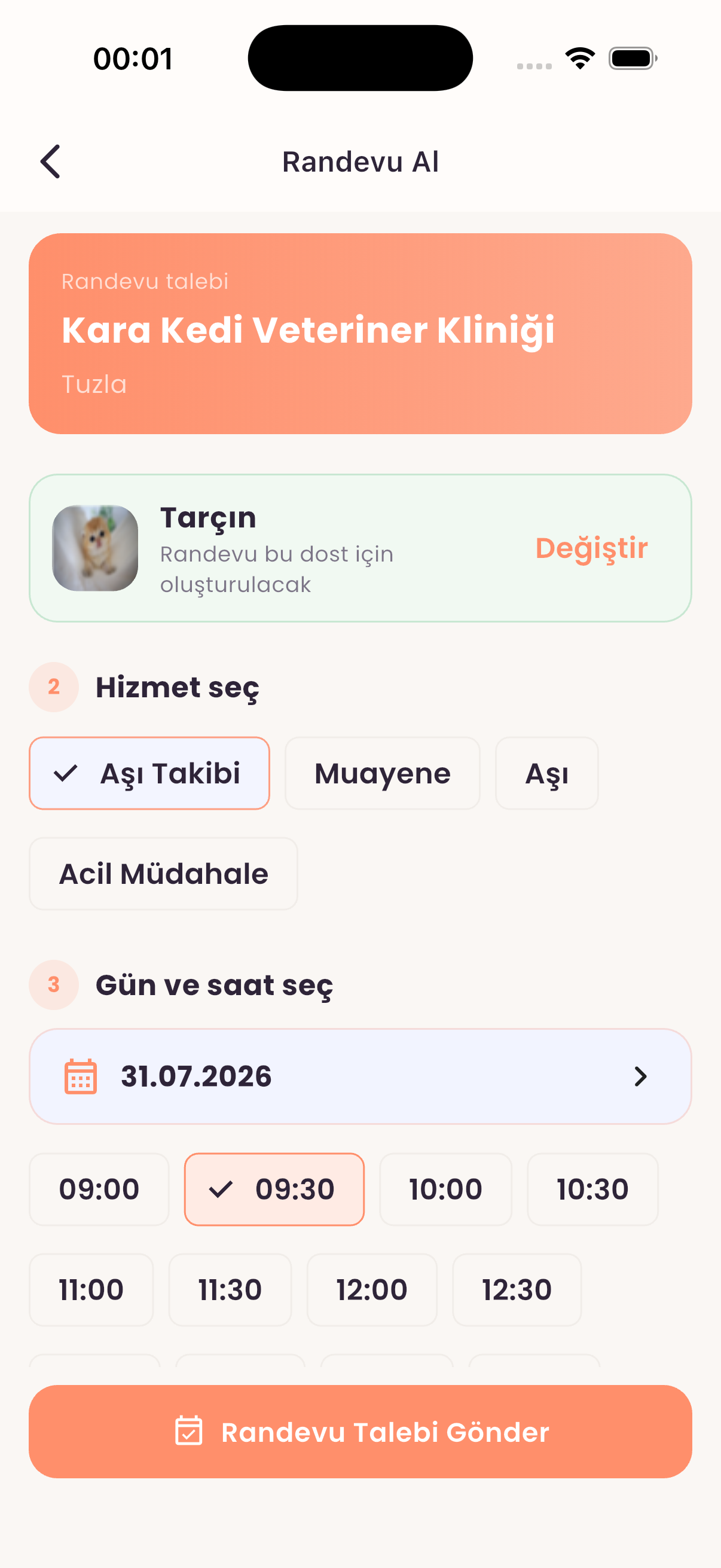 Randevu talebi oluşturma ekranı